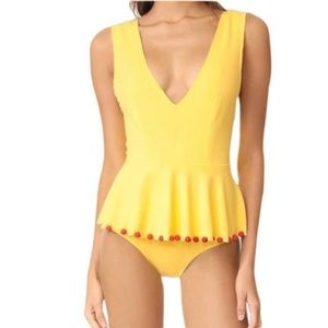 COPY - Marysia Peplum Skirted Maillot Swimsuit - Yellow w/ Red Acrylic Beads